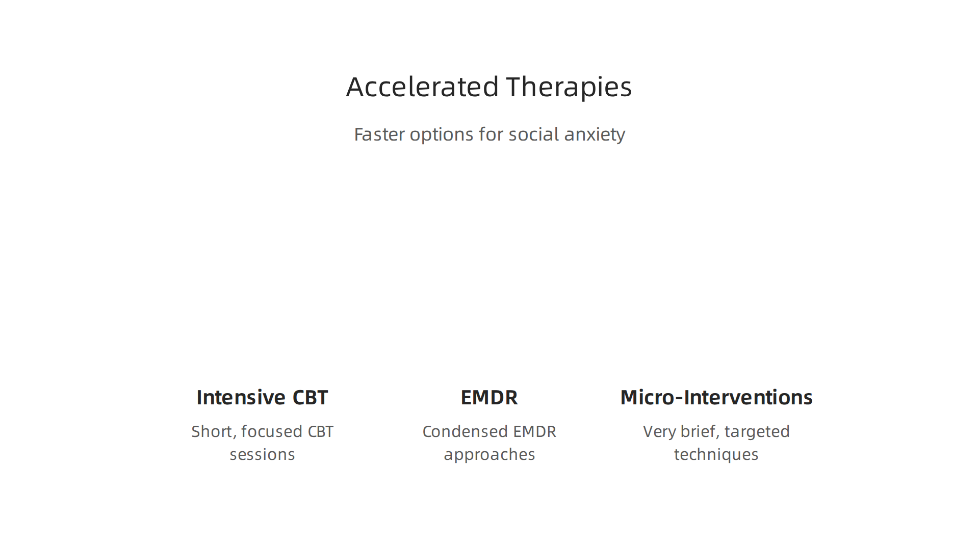 Accelerated therapy methods like intensive CBT, EMDR, and micro-interventions offer quicker ways to address social anxiety by packing therapy into shorter, more focused periods.