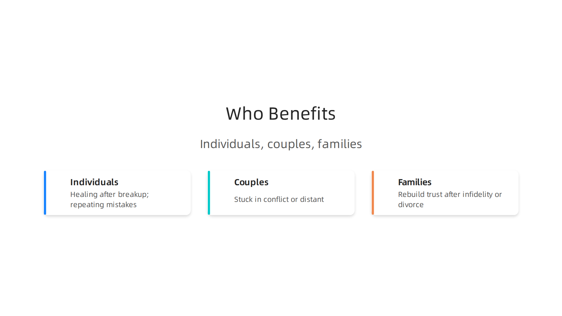 Relationship therapy helps individuals, couples, and families address various challenges, from healing after a breakup to rebuilding trust.