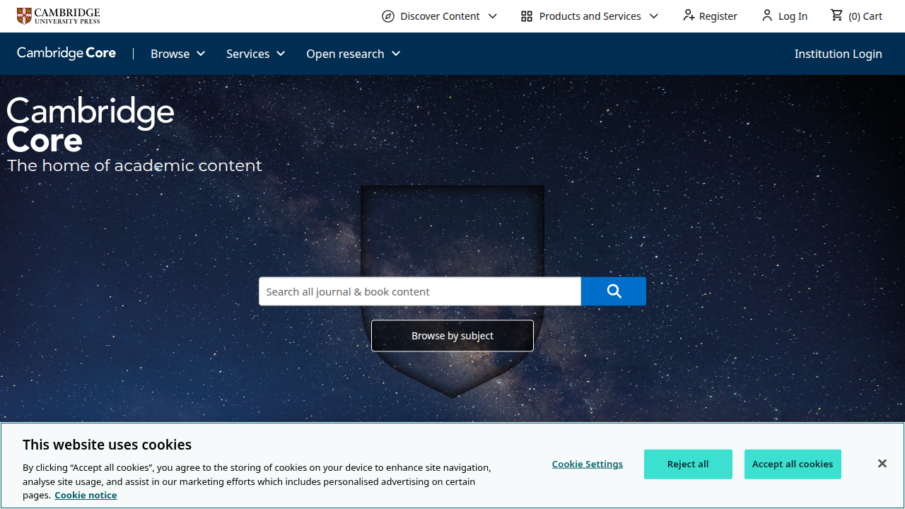 The Cambridge Core homepage, gateway to academic journals like 'Psychological Medicine' which publishes studies on psychological treatments for OCD.