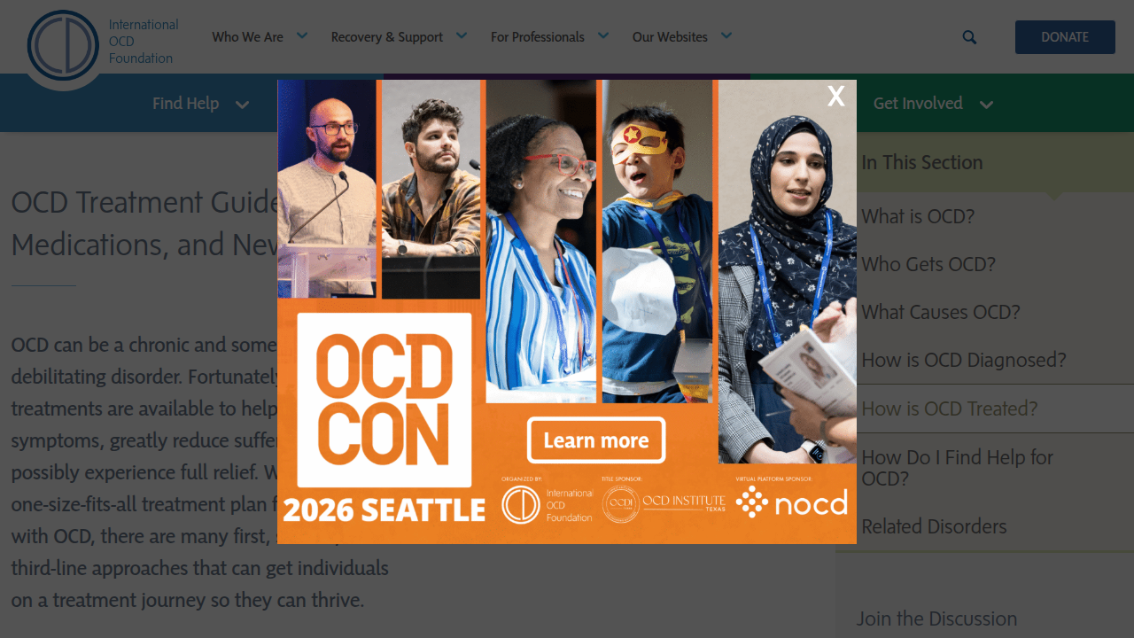 A screenshot of the International OCD Foundation's (IOCDF) Treatment Guide, a valuable resource for finding qualified ERP therapists.