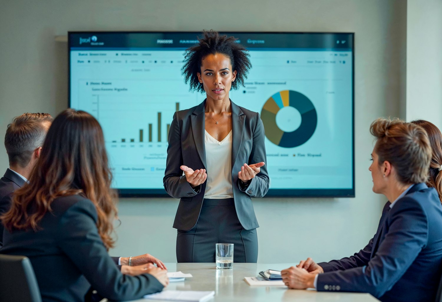 A woman appears visibly anxious in a professional meeting, reflecting the common experience of anxiety in everyday social and work situations.