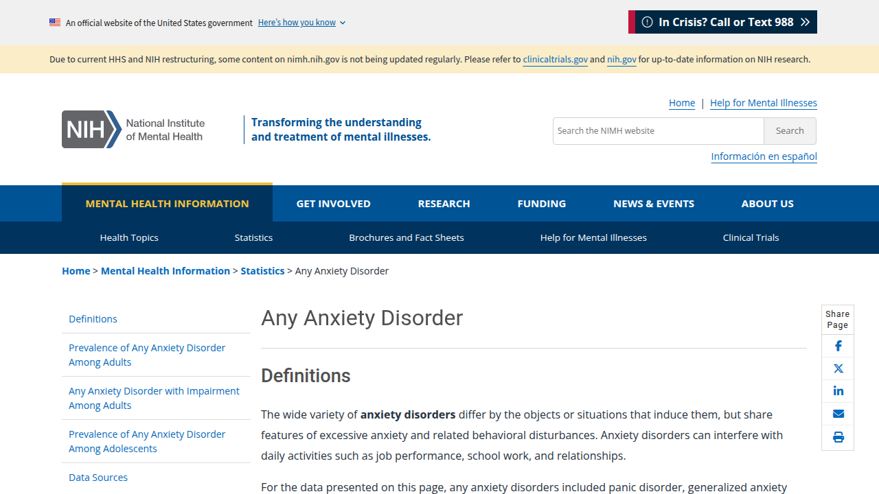 A screenshot of the National Institute of Mental Health (NIMH) website, highlighting statistics on anxiety disorders in the United States.
