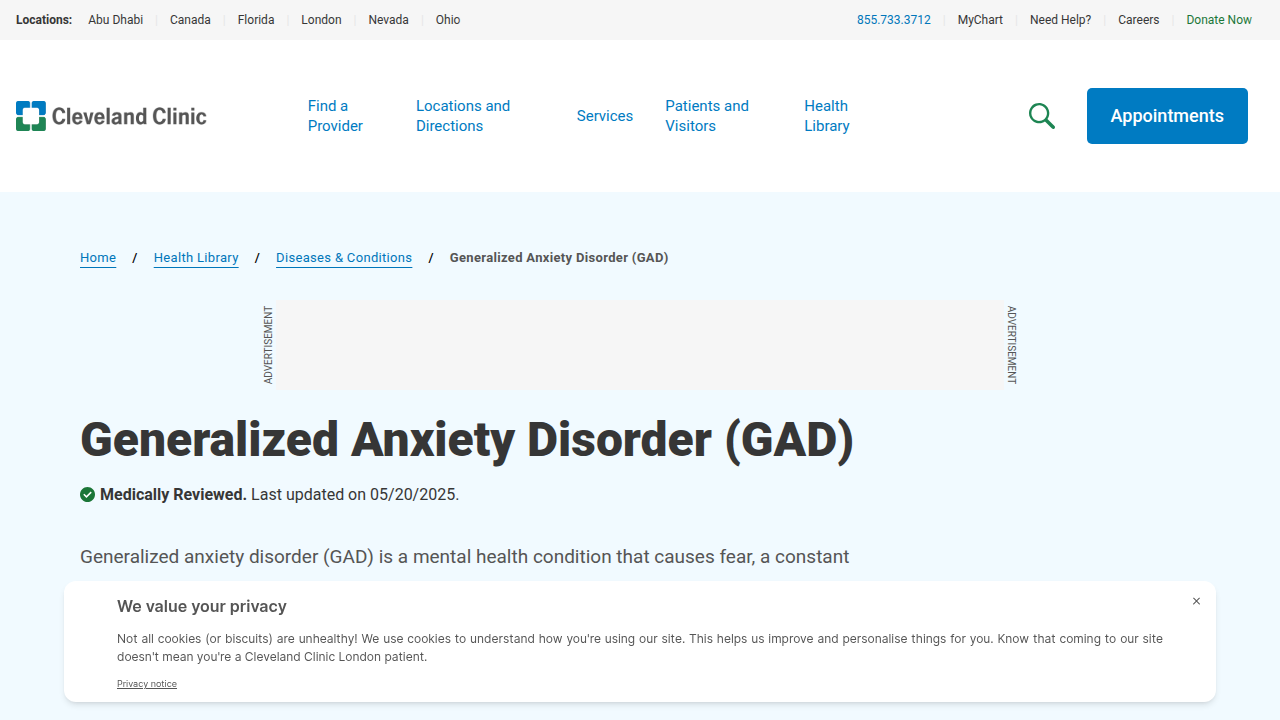 A screenshot from the Cleveland Clinic's page on Generalized Anxiety Disorder, detailing its symptoms and impact on daily life.