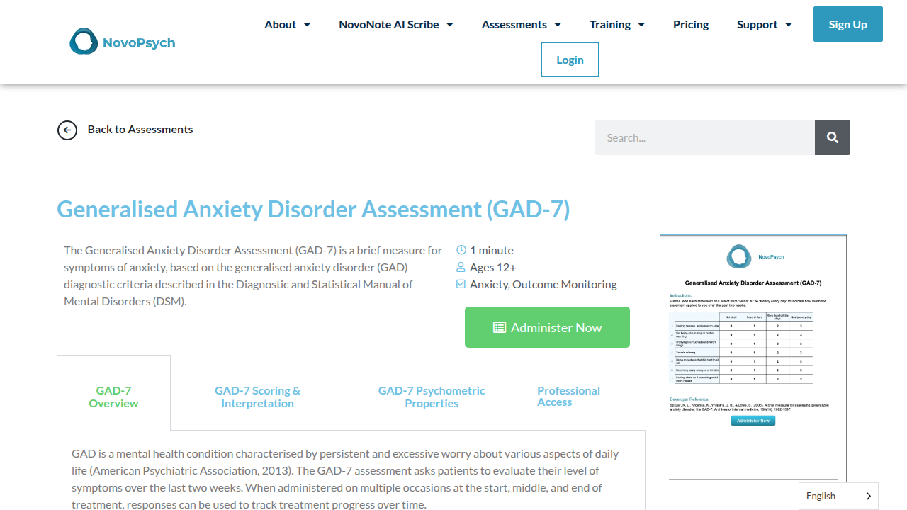 A screenshot of the GAD-7 assessment tool from Novopsych, commonly used for screening and tracking generalized anxiety symptoms.