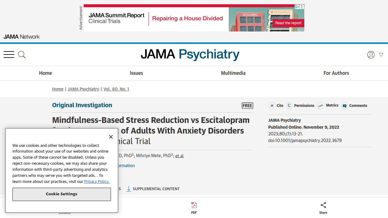A screenshot of an article from JAMA Psychiatry, illustrating research on the effectiveness of non-pharmacological approaches, including lifestyle changes, for anxiety disorders.