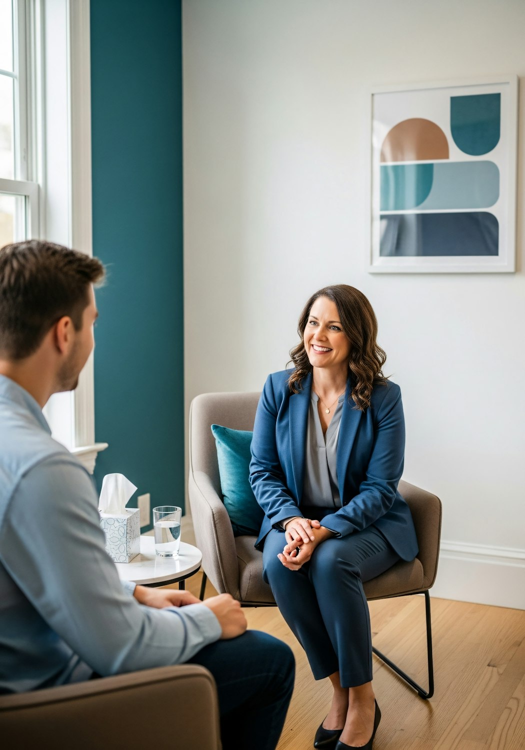 A person exhibiting a guarded or hesitant demeanor during a therapy session, reflecting the impact of past relational trauma.
