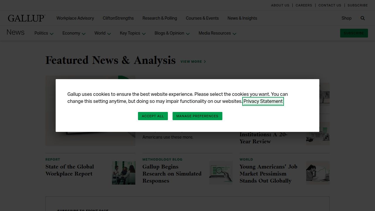 The homepage of Gallup News, providing data and analytics on various topics including societal trends and mental health statistics.