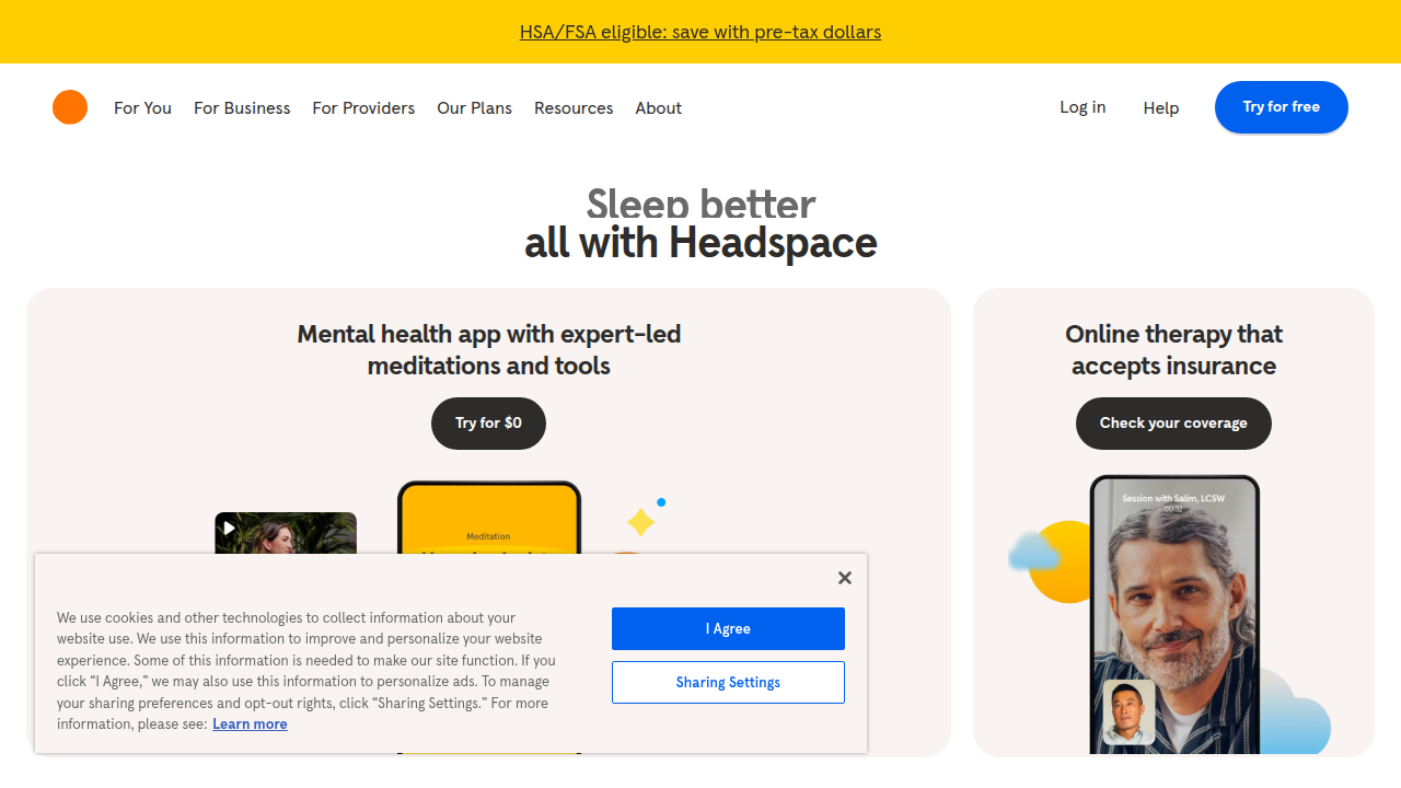 The homepage of the Headspace app, a popular mindfulness and meditation tool shown to help with anxiety and emotional regulation.