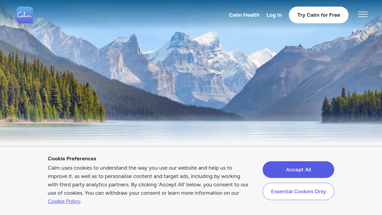 Screenshot of Calm.com's homepage, a popular mindfulness and meditation app.