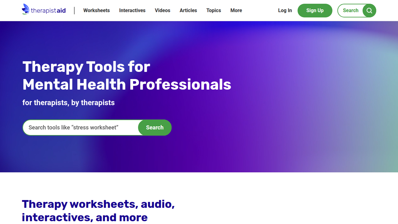 Screenshot of Therapist Aid's homepage, a resource for mental health worksheets and tools.