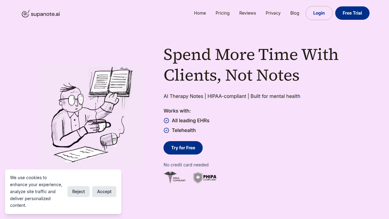 Screenshot of Supanote AI's website, a platform related to psychological understanding and notes.