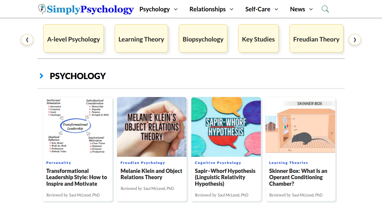 Screenshot of Simply Psychology's website, an educational resource on various psychological theories.
