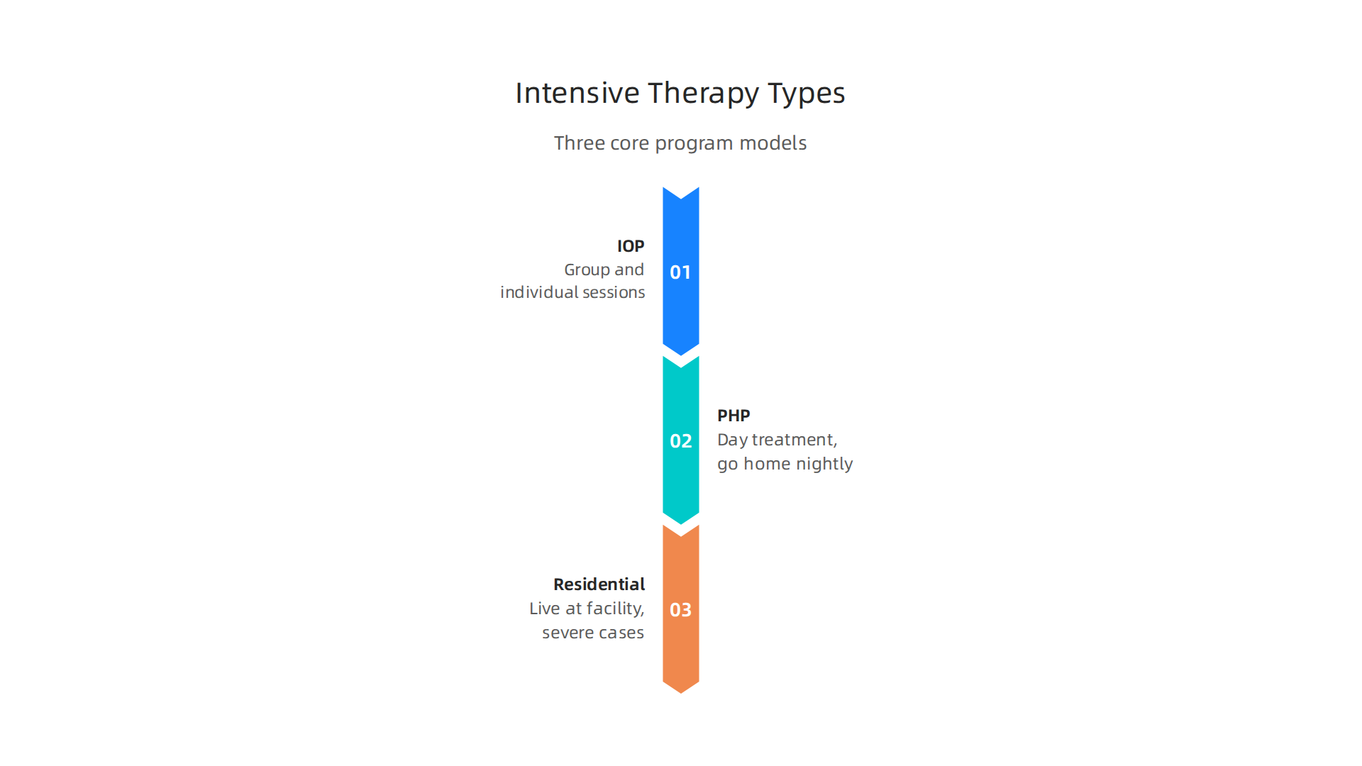 Explore the three core models of intensive therapy: Intensive Outpatient, Partial Hospitalization, and Residential Treatment.
