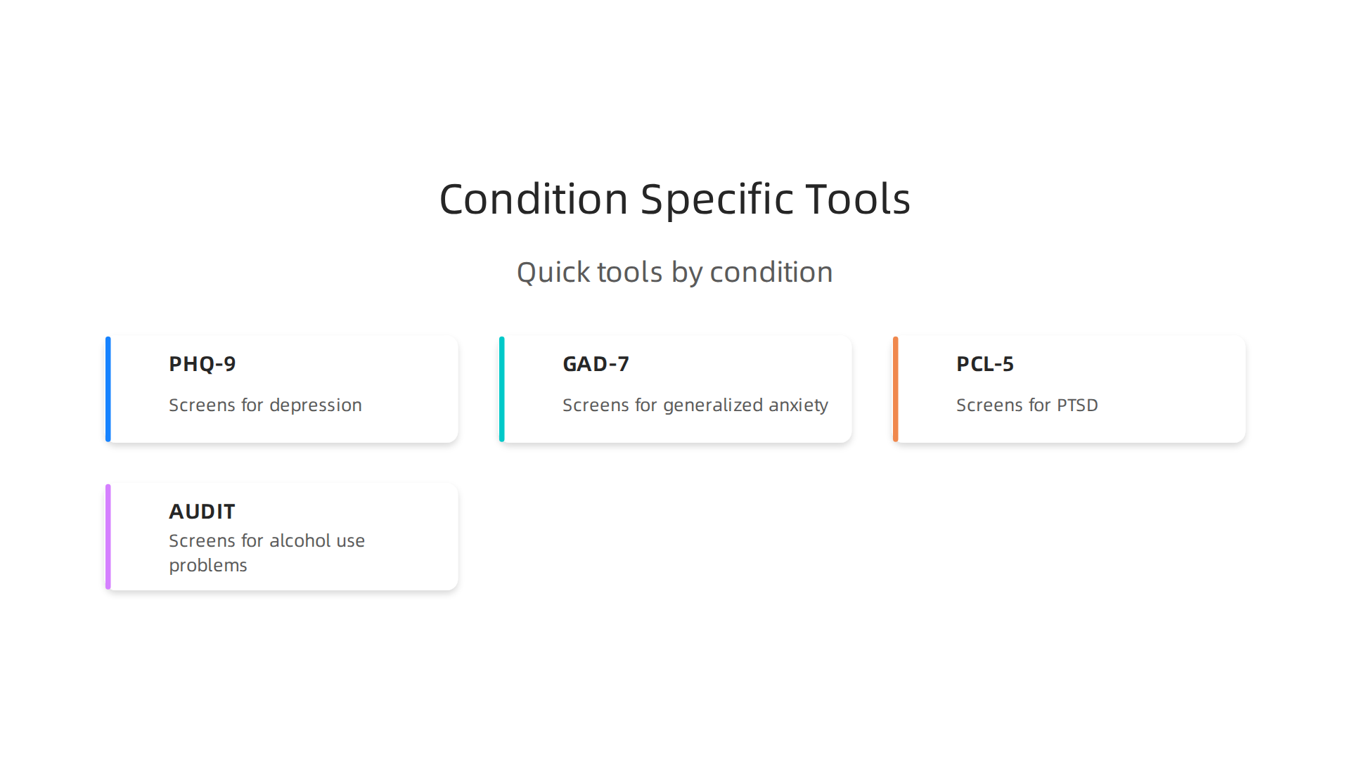 An infographic detailing common mental health screening tools, categorized by the specific conditions they help identify.
