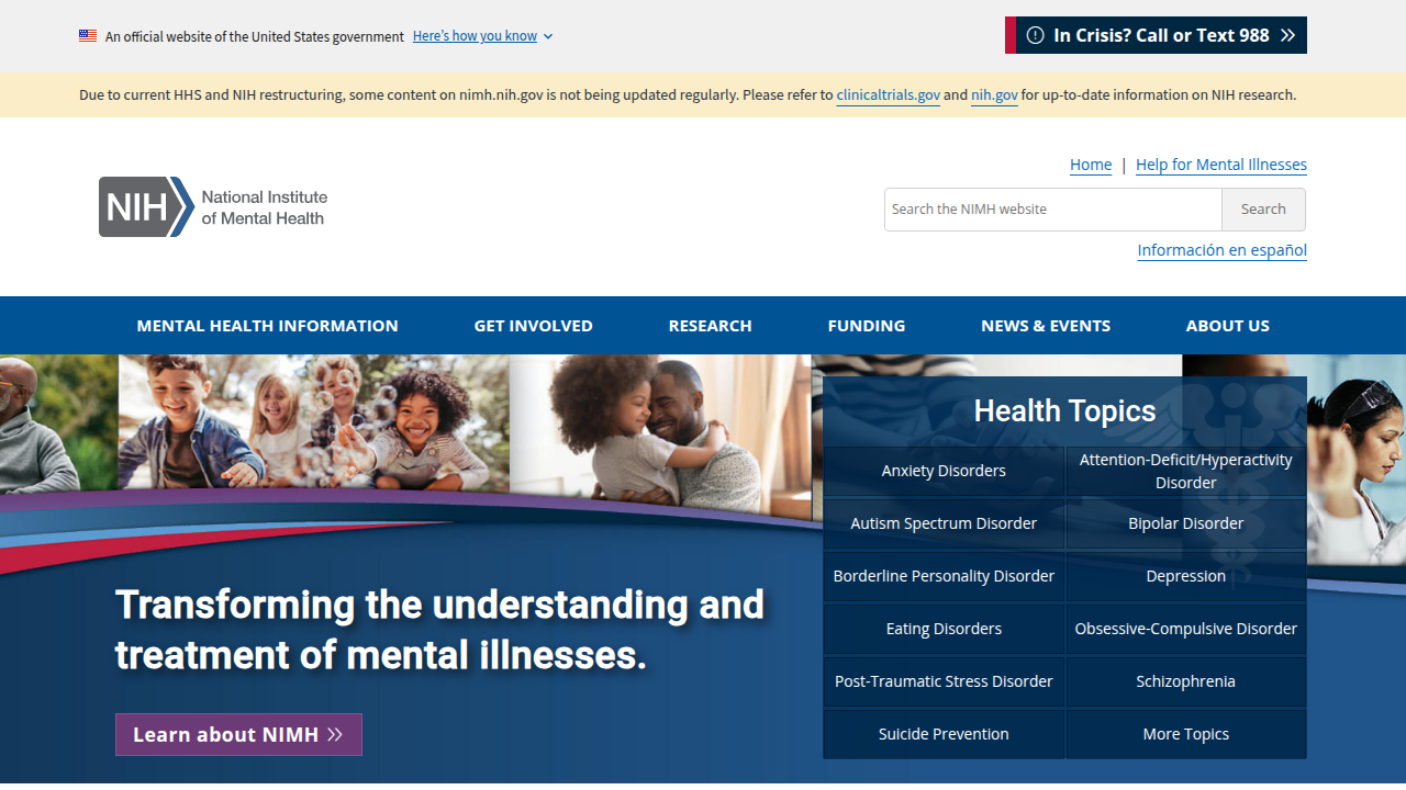 Screenshot of the National Institute of Mental Health (NIMH) homepage, a leading resource for mental health statistics and research in the U.S.