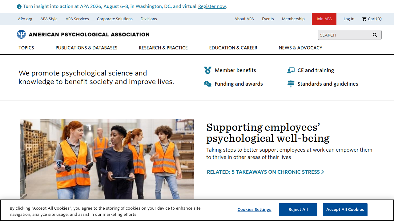Screenshot of the American Psychological Association (APA) homepage, showcasing their extensive resources on psychological practices and assessments.