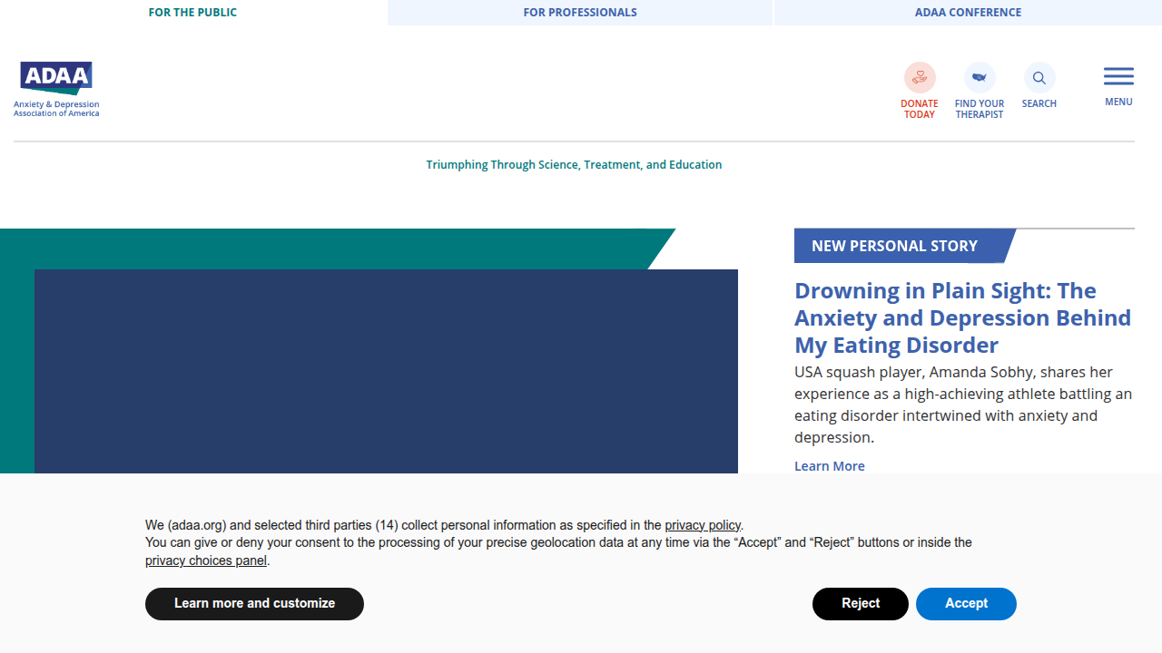 Screenshot of the Anxiety & Depression Association of America (ADAA) homepage, offering support and information for anxiety and depression.