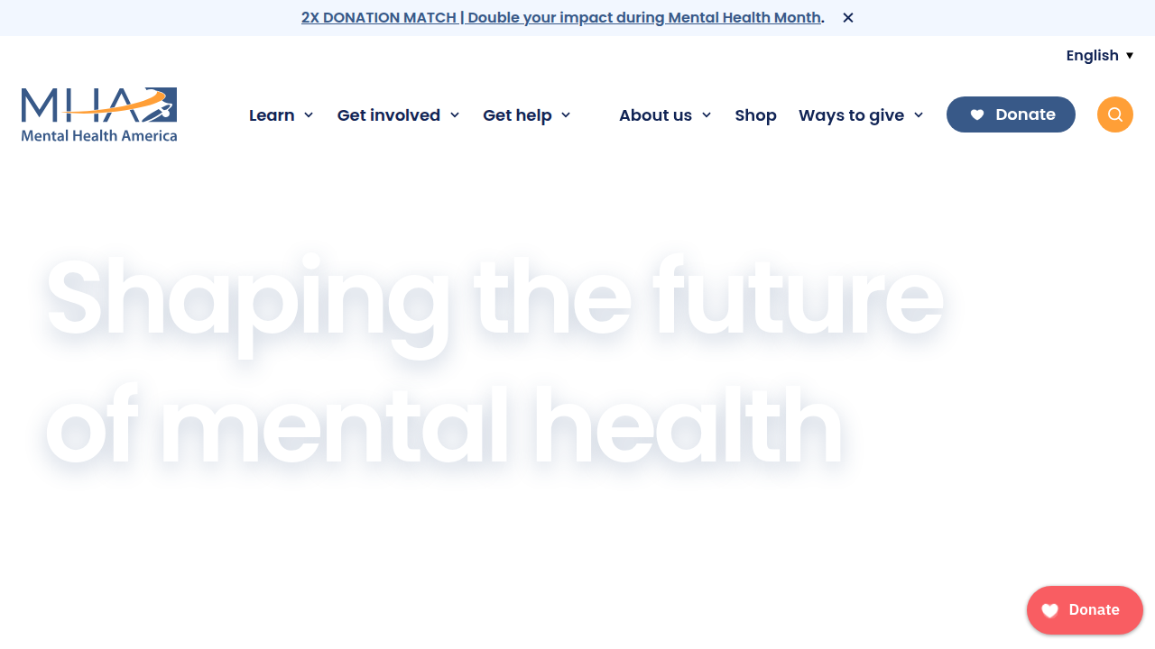 Screenshot of the Mental Health America (MHA) homepage, a prominent nonprofit providing self-help tools and advocacy for mental wellness.