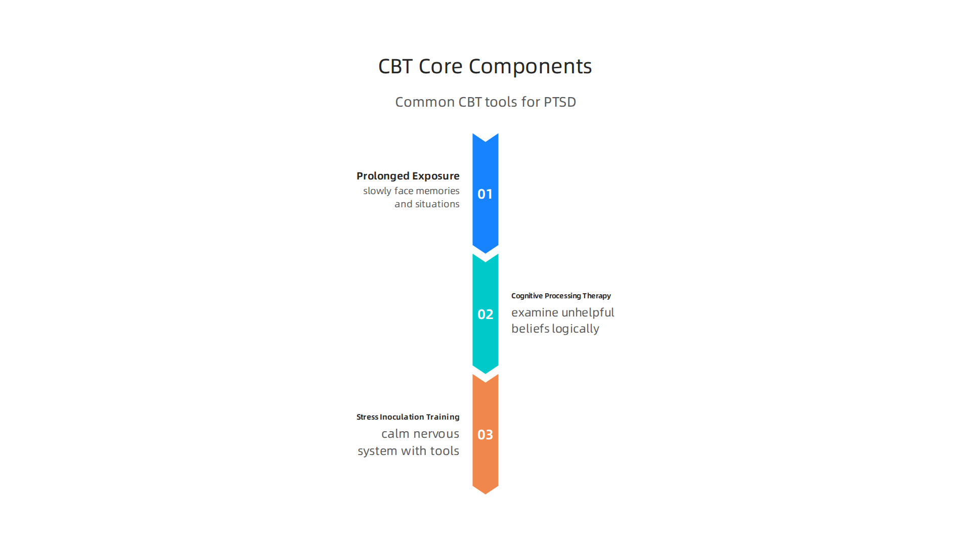 An infographic detailing the core components of CBT for PTSD: Prolonged Exposure, Cognitive Processing Therapy, and Stress Inoculation Training.