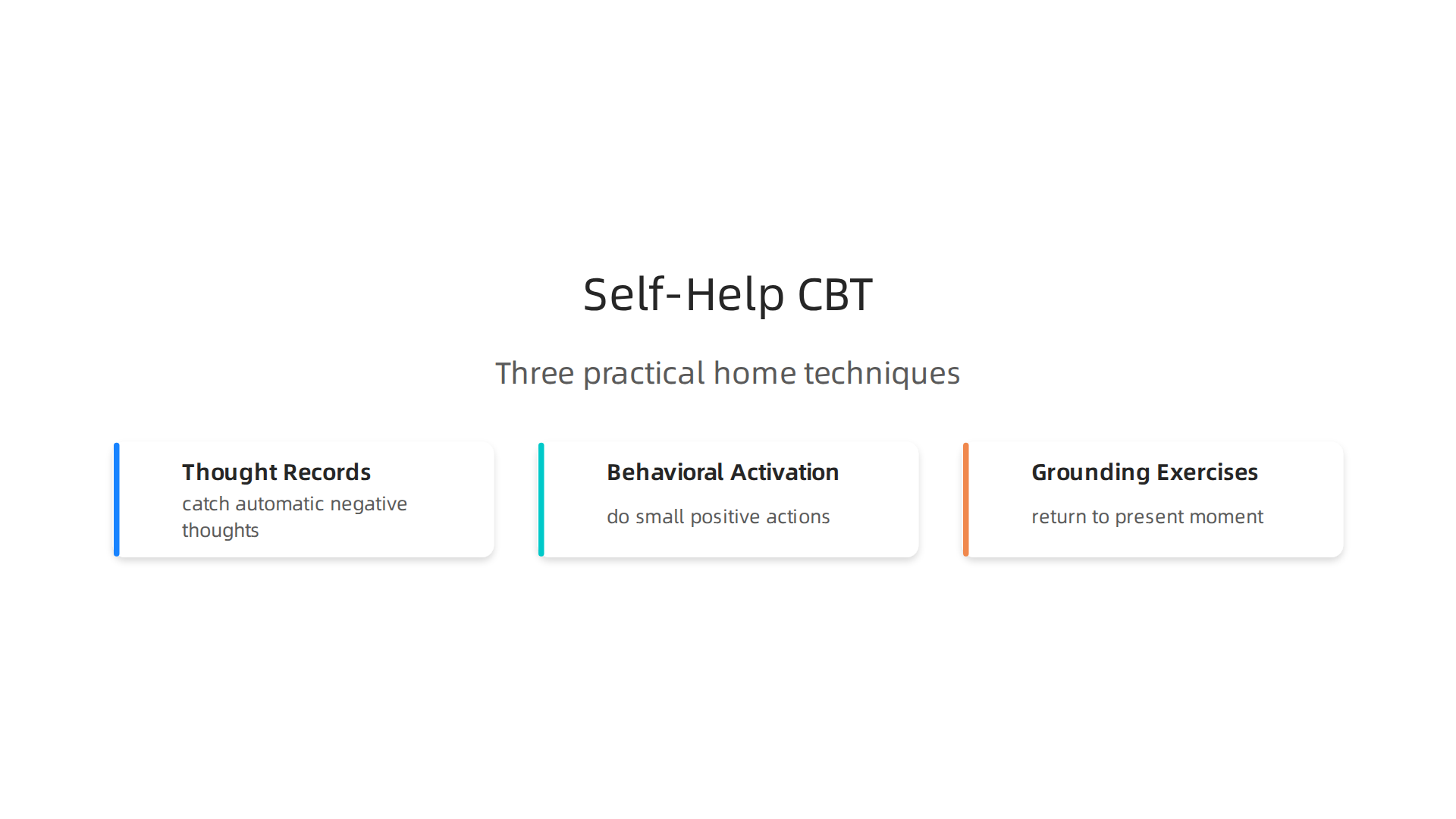 An infographic presenting three practical self-help CBT strategies for managing PTSD symptoms at home.