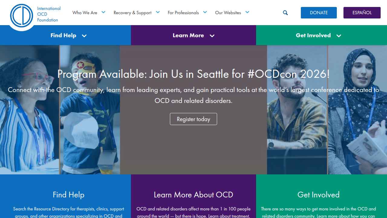 The homepage of the International OCD Foundation, a key resource for finding specialized OCD therapists.