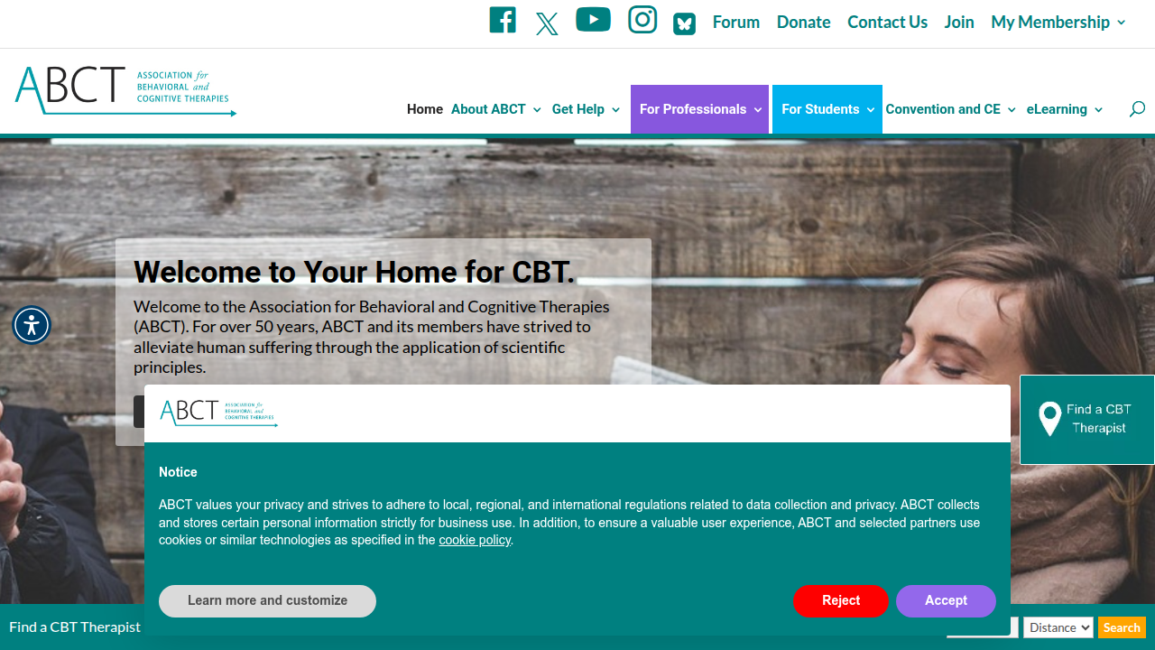 The official website for the Association for Behavioral and Cognitive Therapies, offering a directory to locate CBT specialists.