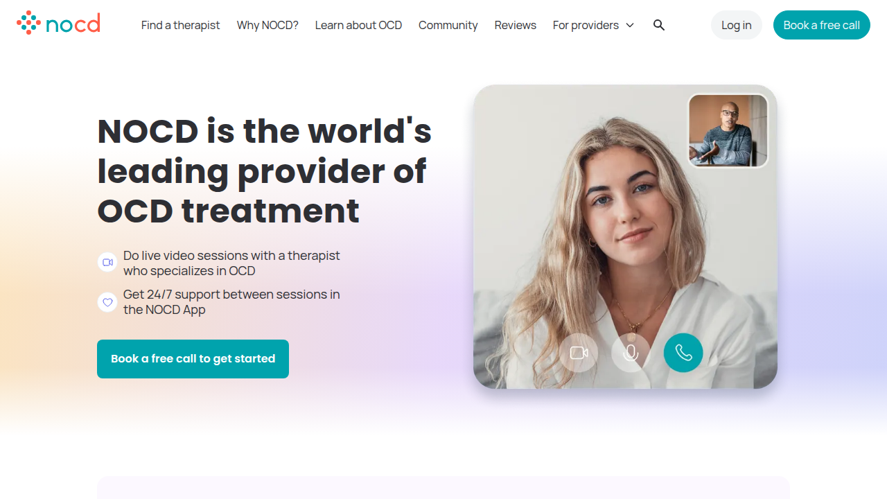 The homepage for NOCD, an online platform providing specialized ERP therapy for individuals with OCD.