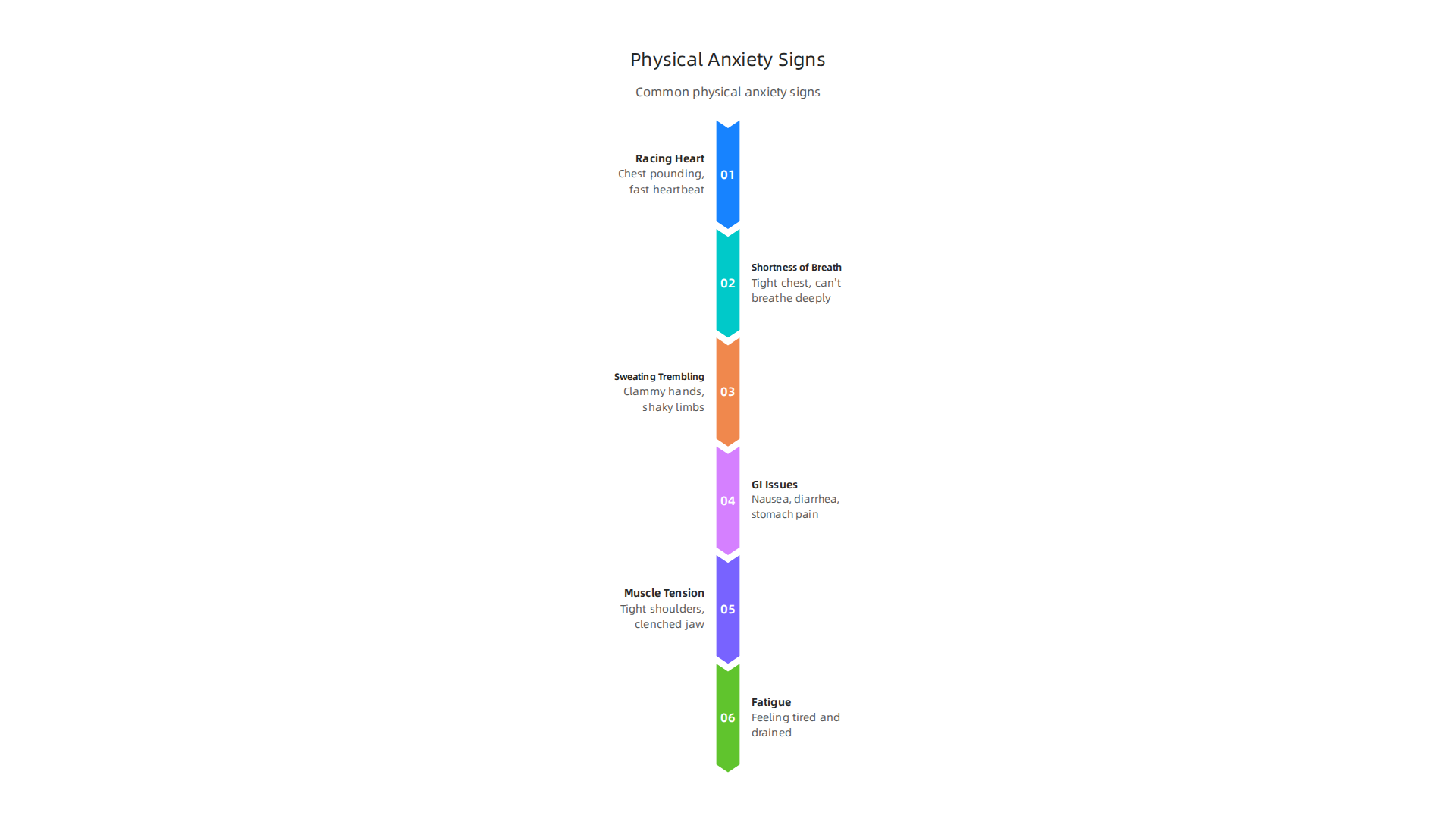 Visual guide to common physical manifestations of anxiety, including cardiovascular, respiratory, gastrointestinal, and muscular signs.