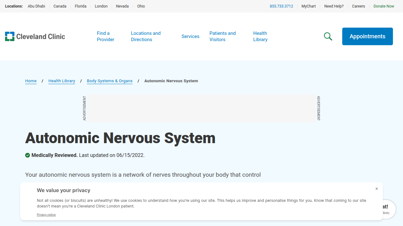 A screenshot of the Cleveland Clinic's educational page explaining the autonomic nervous system, its functions, and its role in body responses.