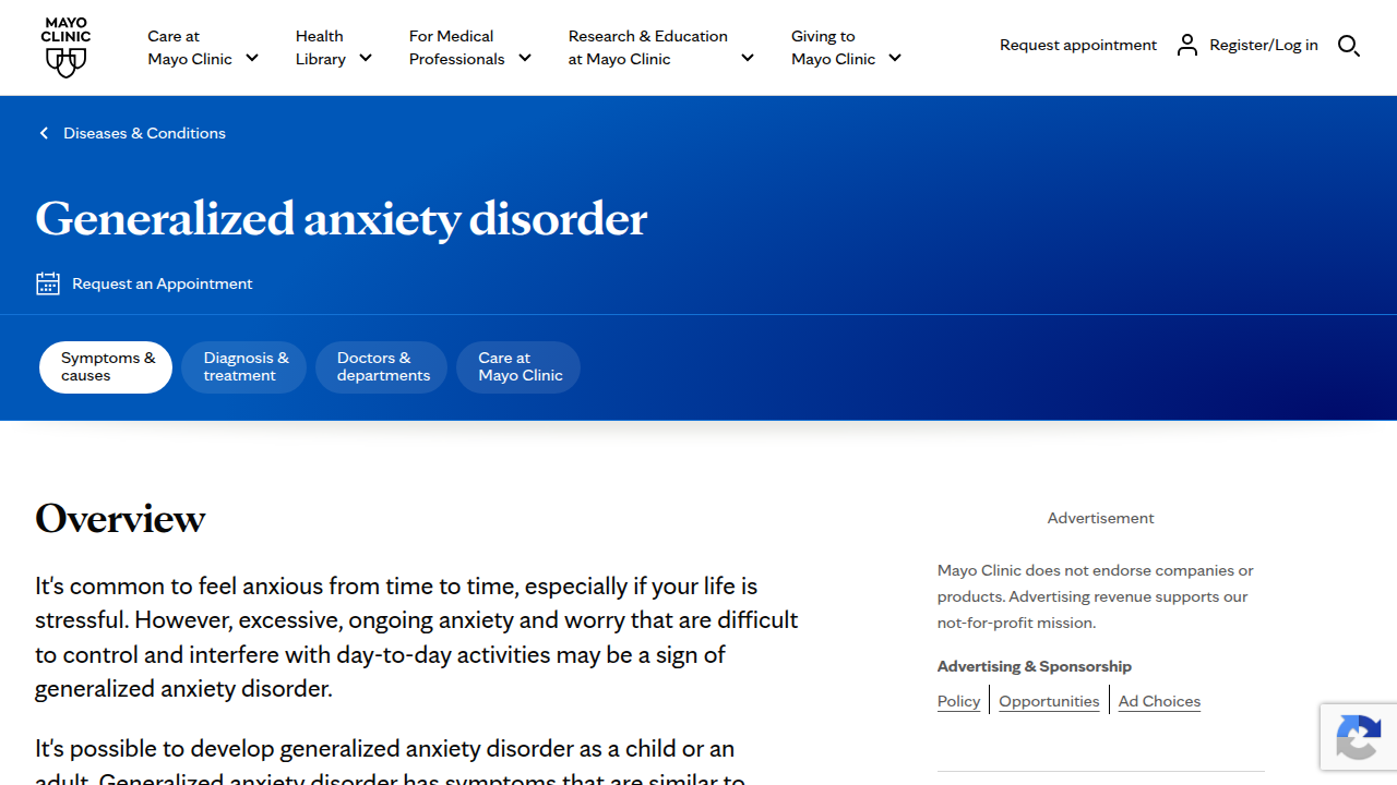 A screenshot of the Mayo Clinic's comprehensive guide on Generalized Anxiety Disorder, detailing its symptoms and causes.