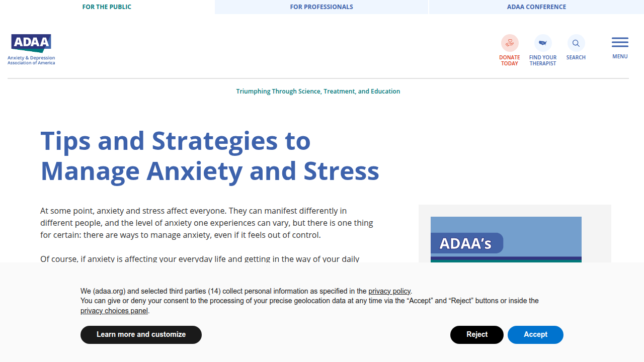 A screenshot of the Anxiety and Depression Association of America (ADAA) website, highlighting resources and tips for managing anxiety and stress.