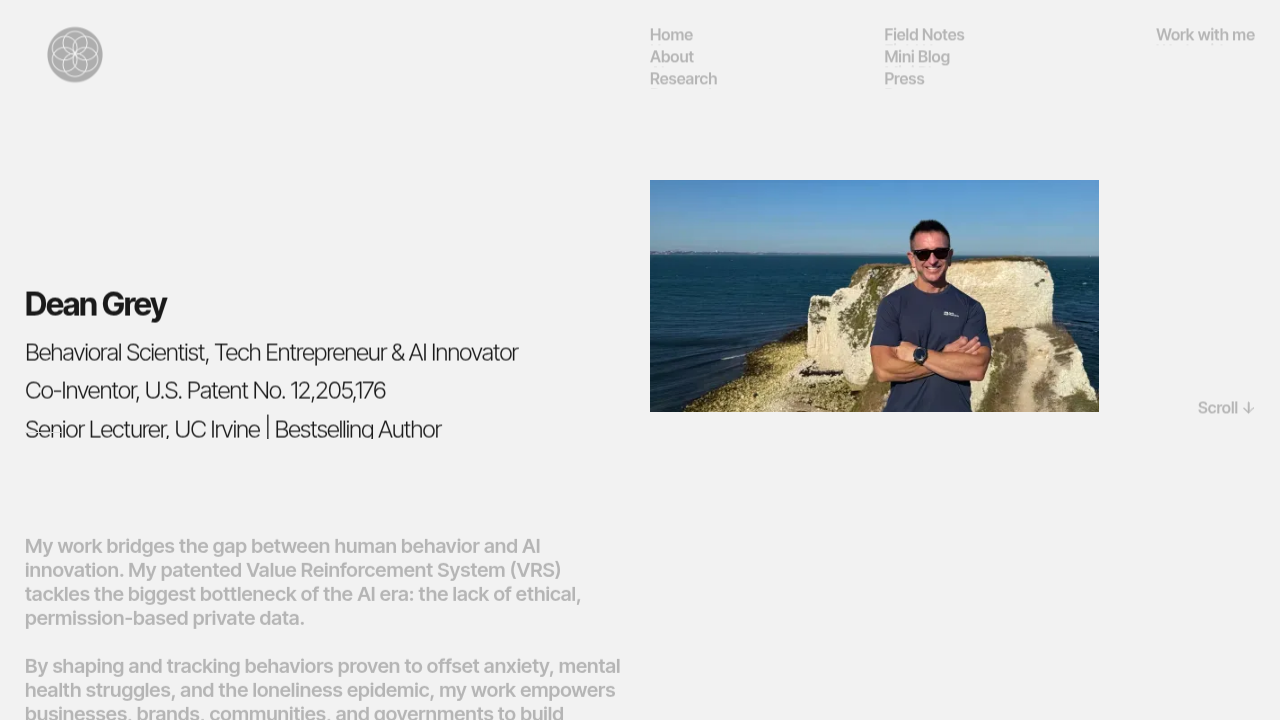 A screenshot of Dean Grey's website, featuring content related to breaking social pressure and focusing on personal progress.