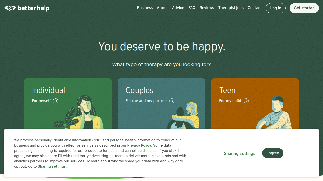 The homepage of BetterHelp, an online platform providing access to licensed therapists and mental health support.