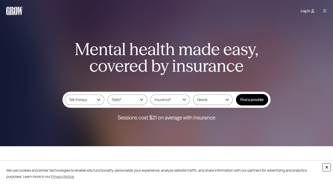 The homepage of Grow Therapy, a platform offering mental health and couples therapy services.