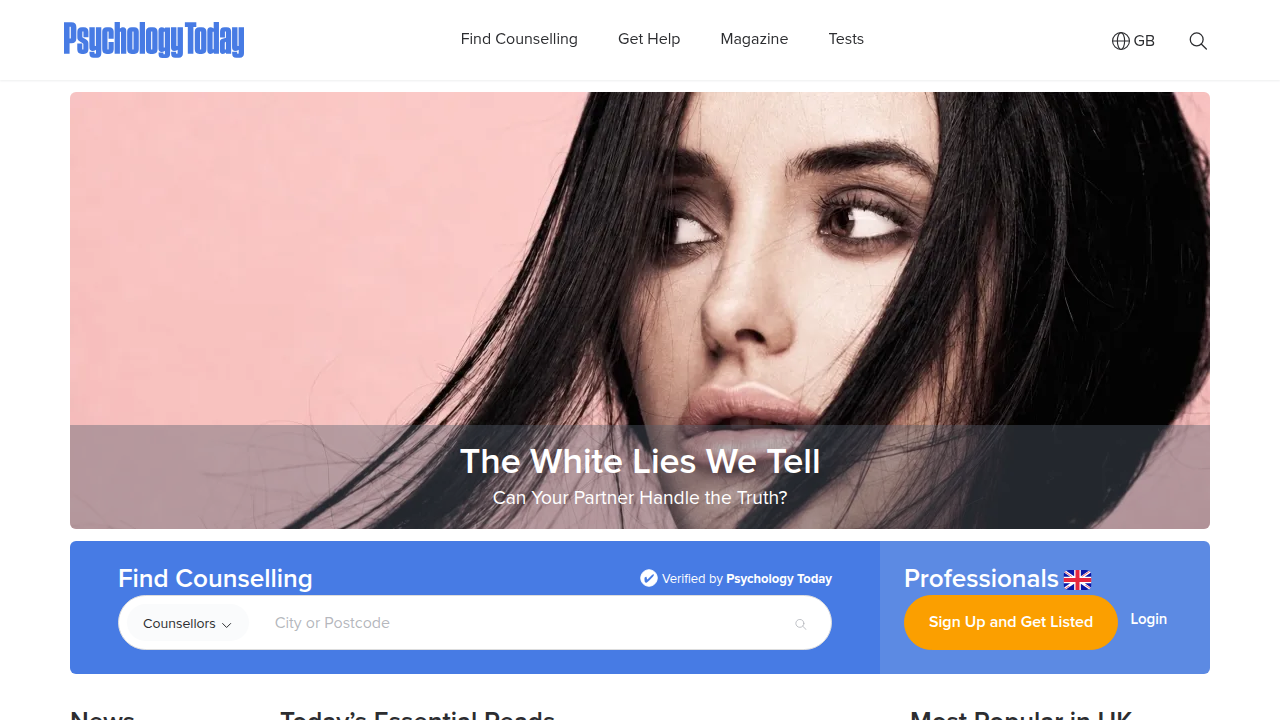 The homepage of Psychology Today, a magazine and online platform for psychological information and therapist directories.
