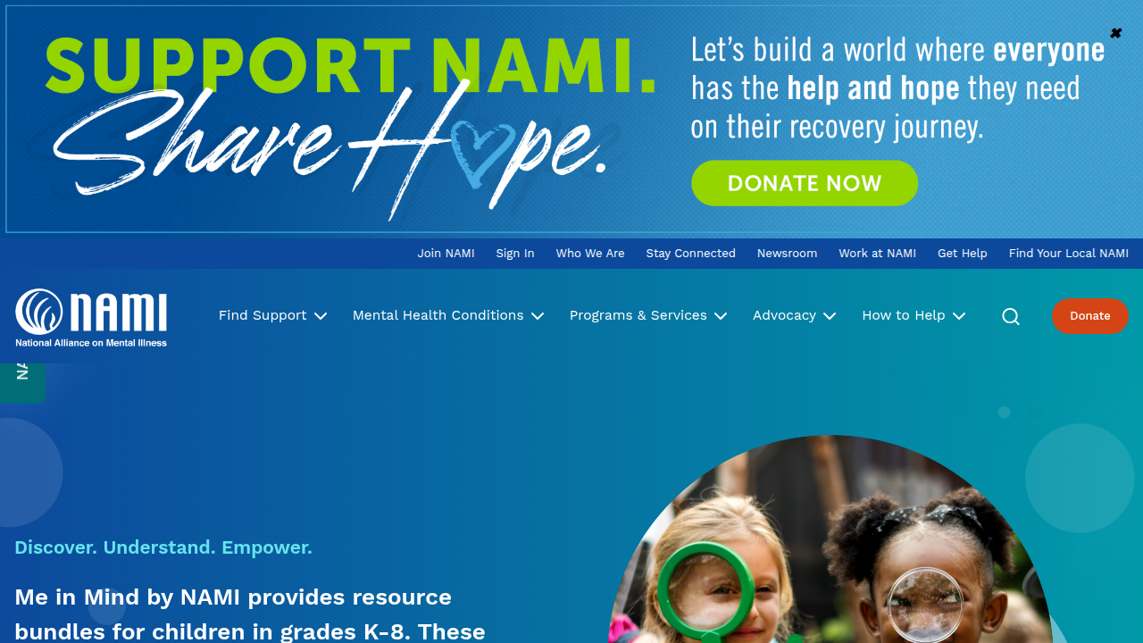 A screenshot of the National Alliance on Mental Illness (NAMI) homepage, a resource for finding mental health support and information.