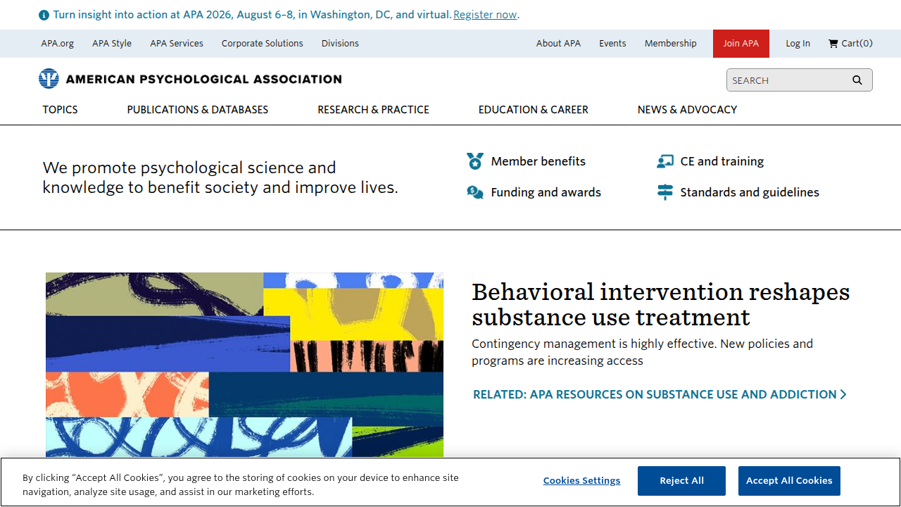Screenshot of the American Psychological Association's homepage, a leading resource for mental health guidelines and information.