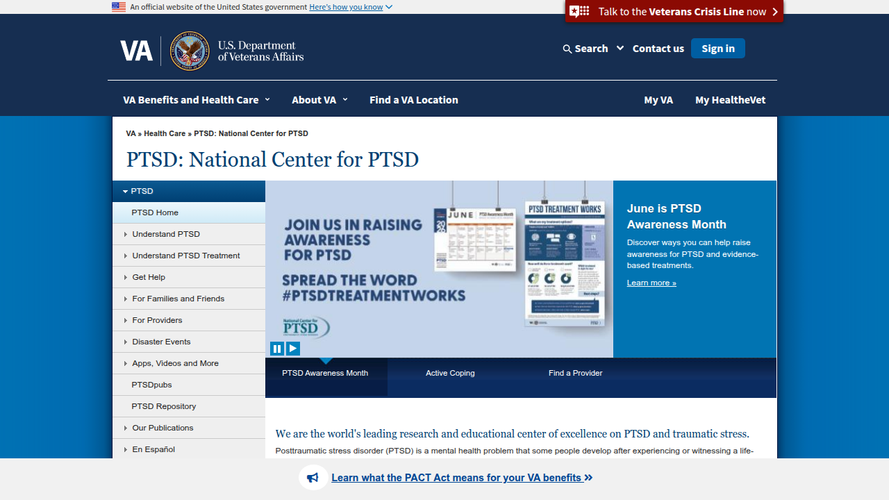 Screenshot of the VA PTSD National Center for PTSD homepage, providing comprehensive resources for clinicians and individuals on PTSD treatment and support.