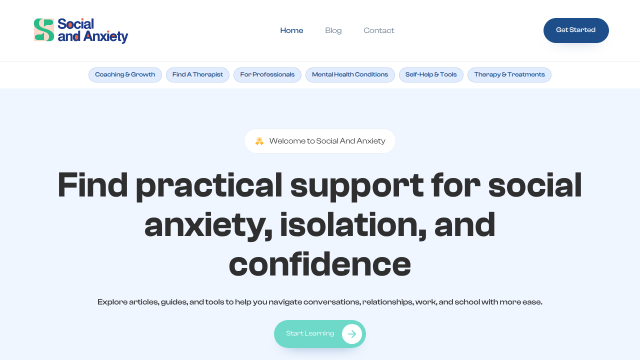 Homepage of Social and Anxiety, a resource for mental health screening and support.