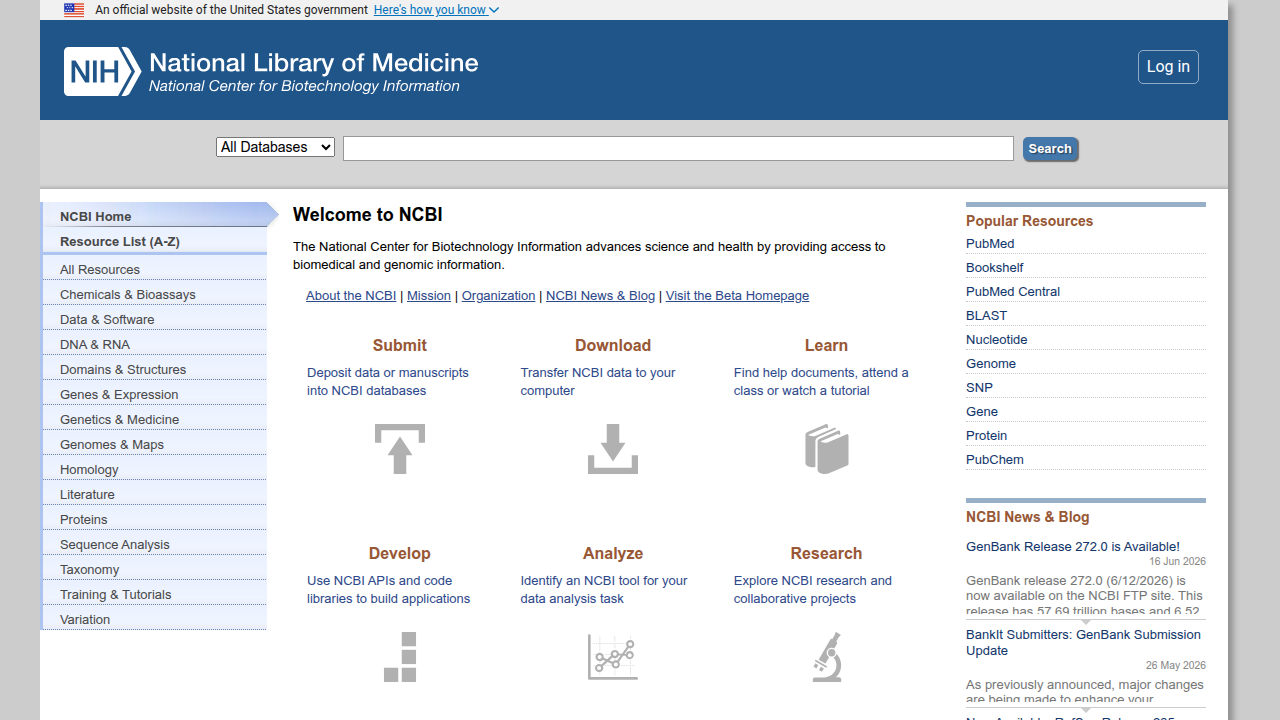 Homepage of the National Center for Biotechnology Information (NCBI) at NIH, providing access to biomedical and genomic information.