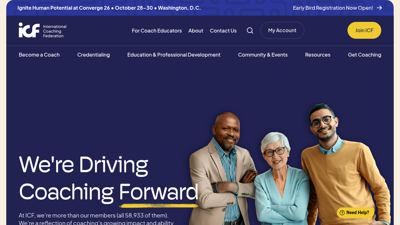 Screenshot of the International Coaching Federation (ICF) website, the leading global organization for professional coaches.