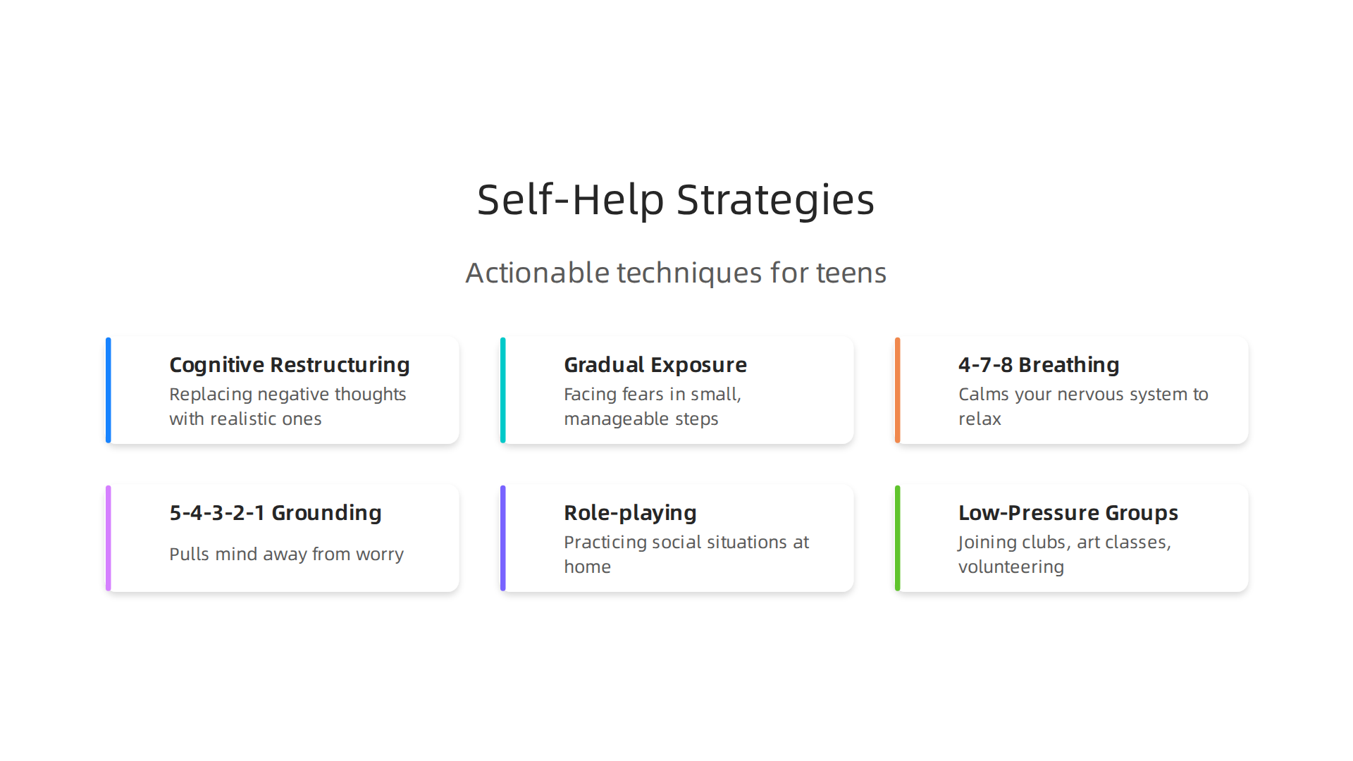 Actionable techniques teens can use at home to manage social anxiety symptoms and build confidence.