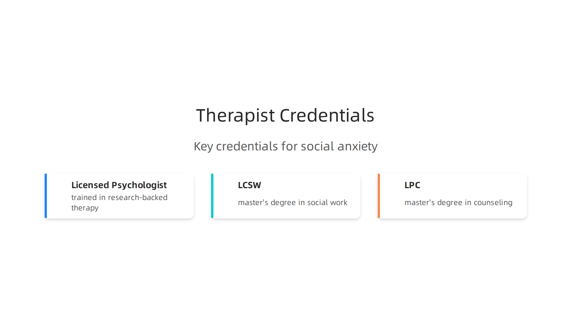 Important credentials to look for when selecting a therapist for social anxiety.