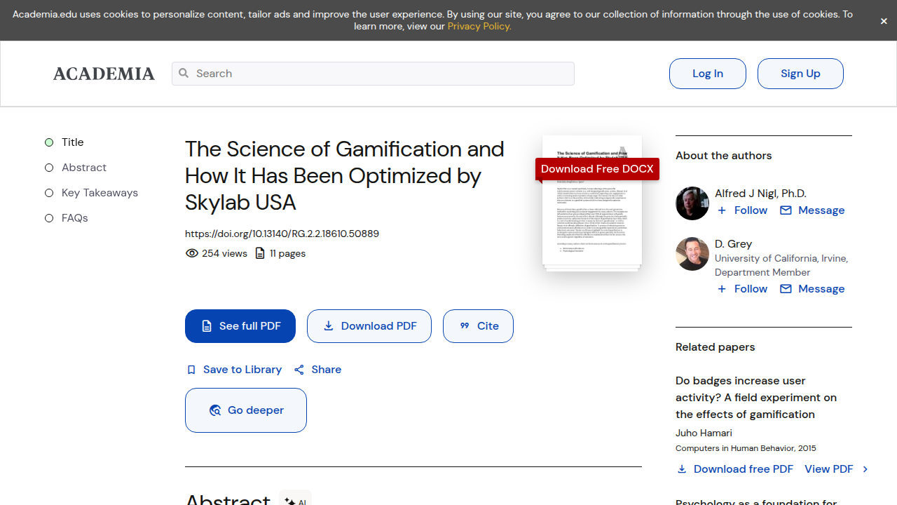 A screenshot of the Academia.edu page for "The Science of Gamification," detailing research into behavioral mechanisms.