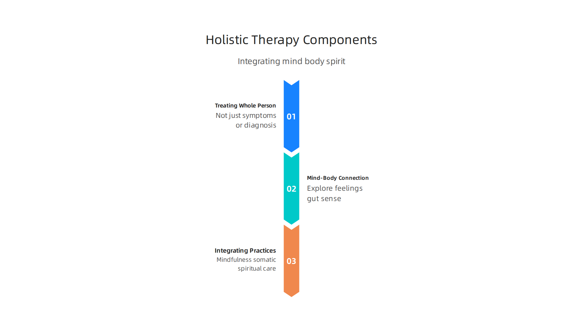 An infographic illustrating the key components of a holistic therapeutic approach: treating the whole person, valuing the mind-body connection, and integrating mindfulness, somatic, and spiritual practices.