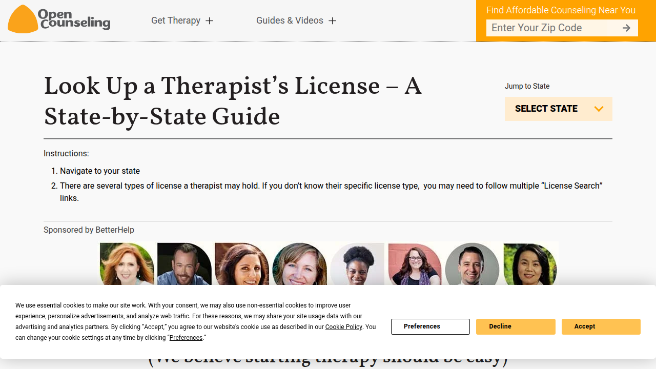 A guide on OpenCounseling for looking up a therapist's professional license.