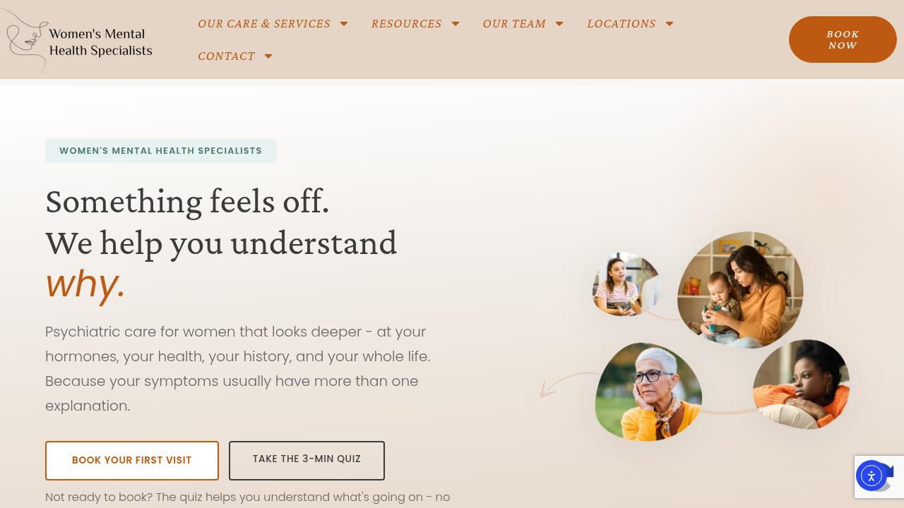 Screenshot of the Women's Mental Health Specialist website, highlighting expertise in conditions unique to women.