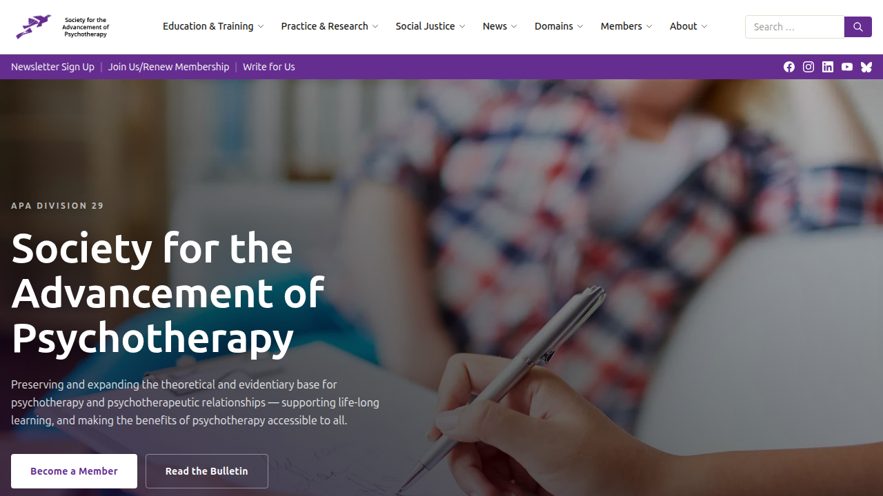 Screenshot of the Society for Psychotherapy website, a resource for internet-based psychotherapy research.