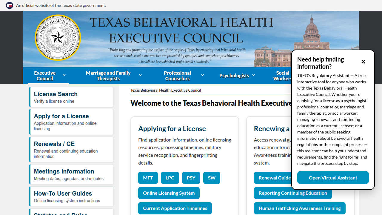 The official website for the Texas Behavioral Health Executive Council, providing tools to verify professional licenses.