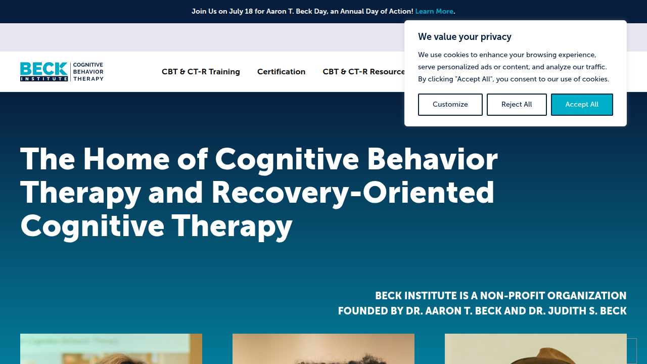 The homepage for Beck Institute, a leading organization for Cognitive Behavioral Therapy training and certification.